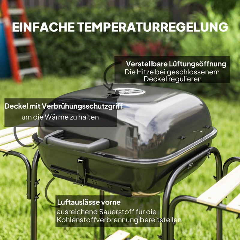 Outsunny Houtskoolbarbecue van staal, grillwagen met afsluitbare deksel, grillrooster, wielen, handgreep en houten plank, 98 x 54 x 91 cm, zwart