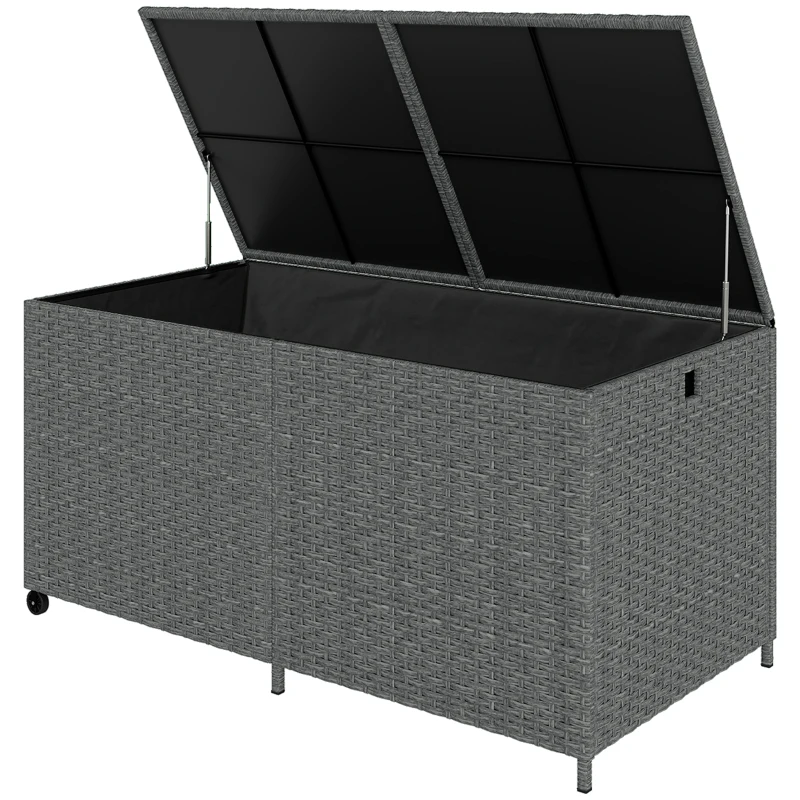 Outsunny Rattan Tuinbox 650L waterdicht UV-bestendig Kussenbox met Deksel Wielen Opbergruimte 150 x 75 x 74 cm Donkergrijs