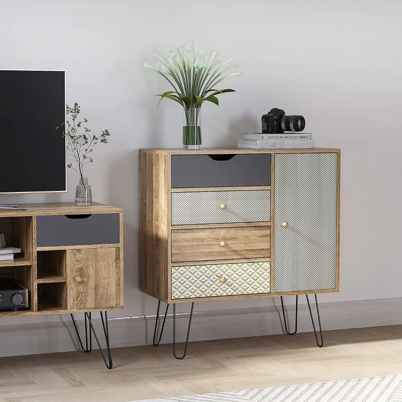 HOMCOM Cómoda con 4 Cajones Estilo Boho Cajonera de Madera con Patas de Metal para Salón Dormitorio 79x39x86 cm Marrón