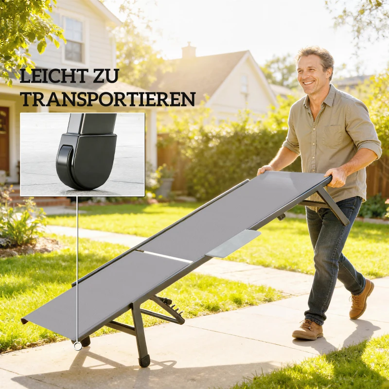 Outsunny 2-delige set tuinligbedden met 5-voudig verstelbare rugleuning, zijtafel, 2 wielen, antislipvoetjes, grijs