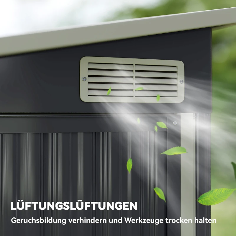 Outsunny Metalen berging 2,68 m², afsluitbare schuur met 3 deuren, ventilatie, schuindak, handschoenen