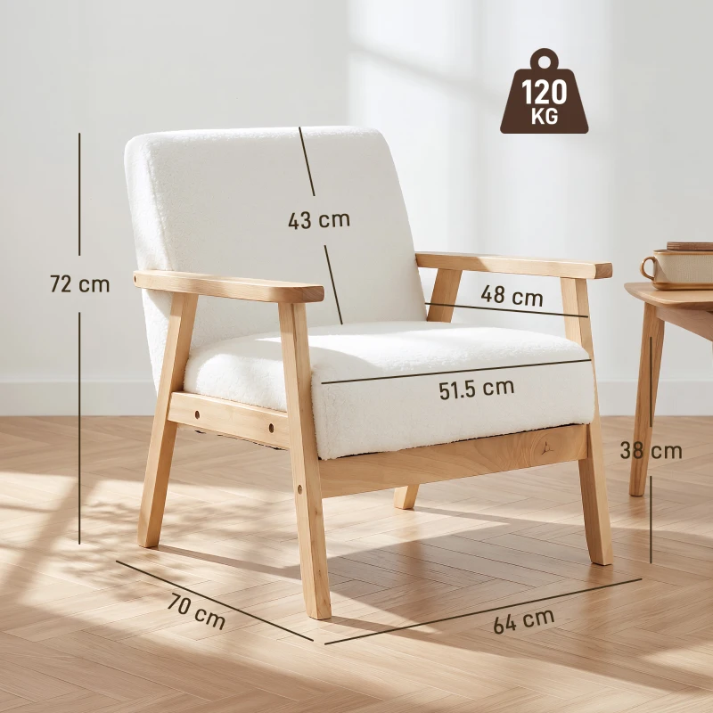 HOMCOM Modern Armchair, Sherpa Fleece Upholstered Accent Chair with Solid Wood Legs and Wide Seat, Cream White