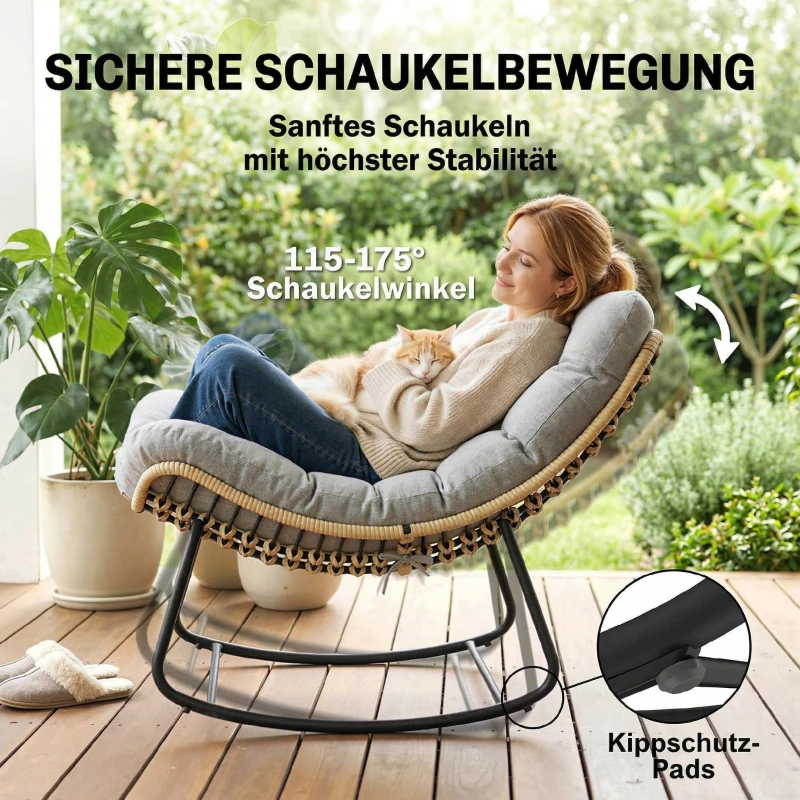 Outsunny Rattan Schommelstoel Tuinligstoel met dikke kussens, Tuinschommel tot 120 kg Binnen Buiten 87 x 110 x 70 cm Grijs
