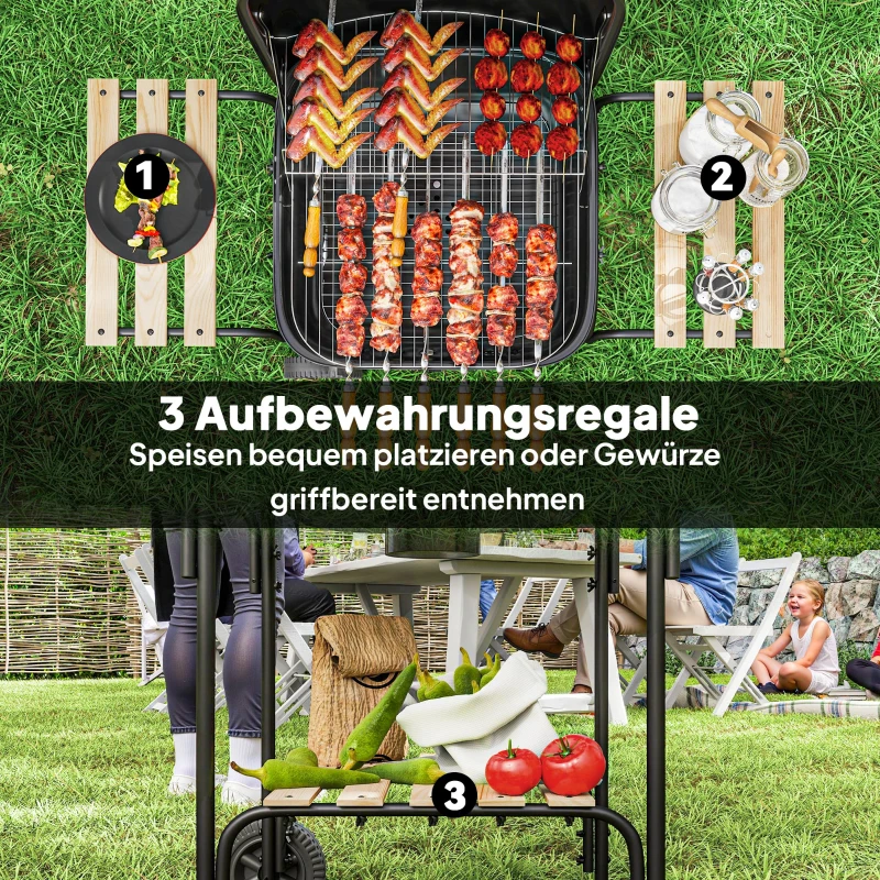 Outsunny Houtskoolbarbecue van staal, grillwagen met afsluitbare deksel, grillrooster, wielen, handgreep en houten plank, 98 x 54 x 91 cm, zwart
