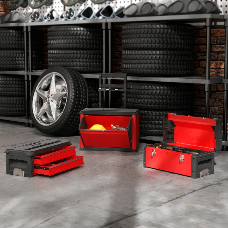 HOMCOM 3-traps Gereedschapskist Set met Wielen, In elkaar Grijpend, Staal, Plastic