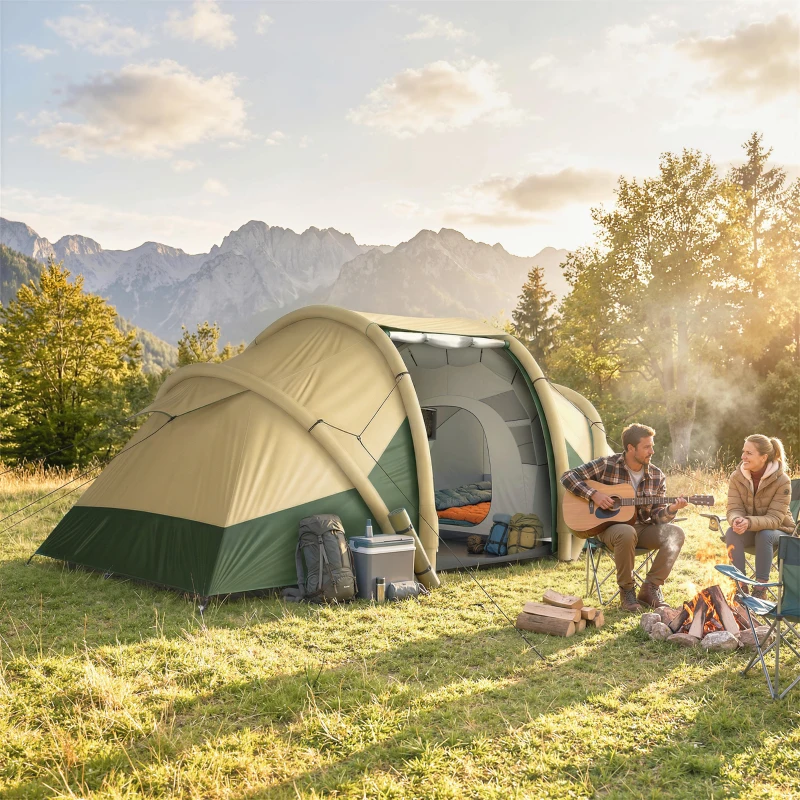 Outsunny Inflatable Tent 2 Bedroom Tunnel Design Windproof Air Tent with Carry Bag for 4 Person