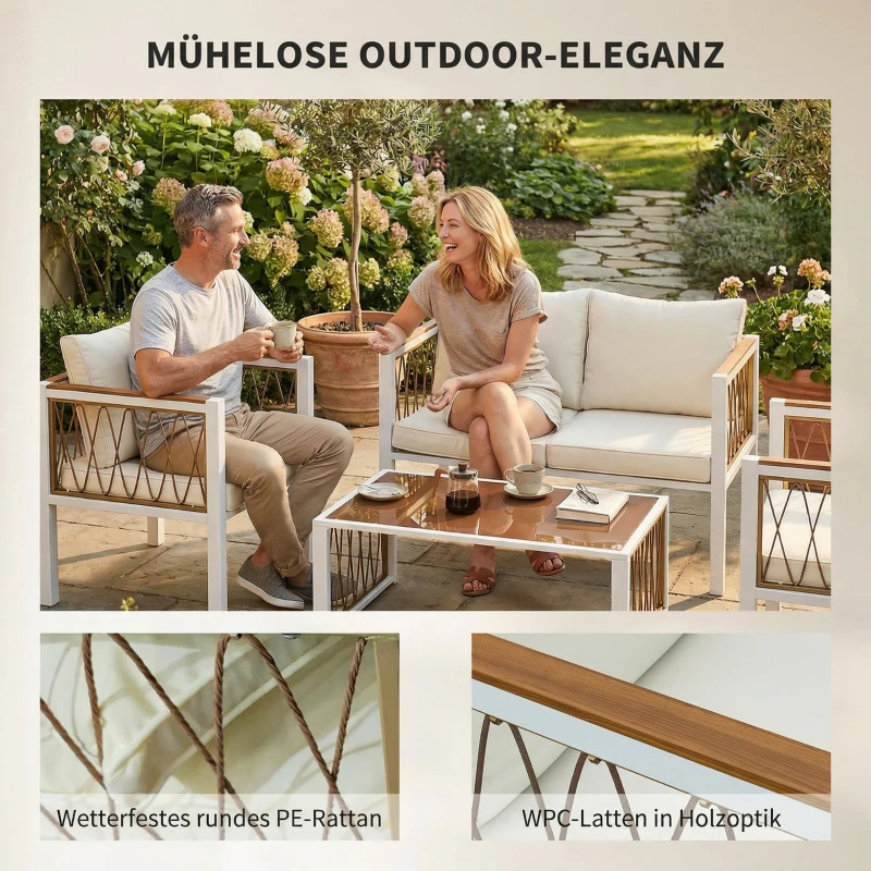 Outsunny Tuinmeubelset 4-delig polyrattan loungeset met tweezitsbank, 2 stoelen, glazen tafel, afneembare kussens en antislipmatten