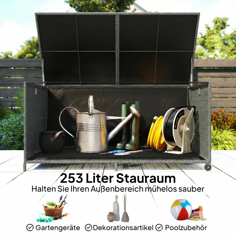 Outsunny Rattan Tuinbox 650L waterdicht UV-bestendig Kussenbox met Deksel Wielen Opbergruimte 150 x 75 x 74 cm Donkergrijs