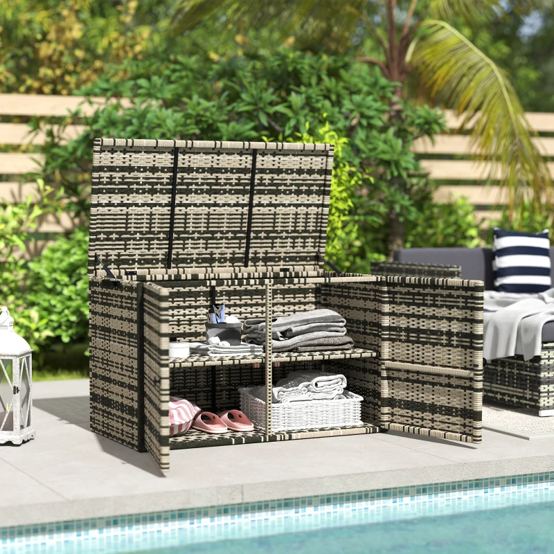 Outsunny Rattan Opbergbox 350L – Weerbestendige Kussenbox met Deksel, Gasveren en Handgrepen, UV-bestendig – Tuinbox voor Tuin, Terras of Balkon, 118x57x69 cm, Gemêleerd Grijs