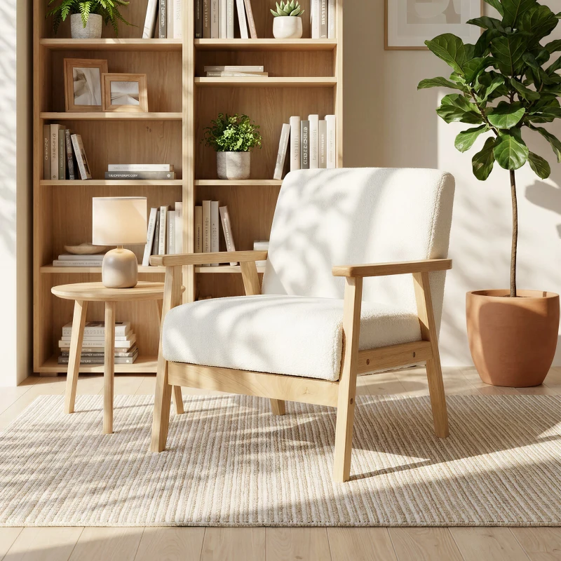 HOMCOM Modern Armchair, Sherpa Fleece Upholstered Accent Chair with Solid Wood Legs and Wide Seat, Cream White