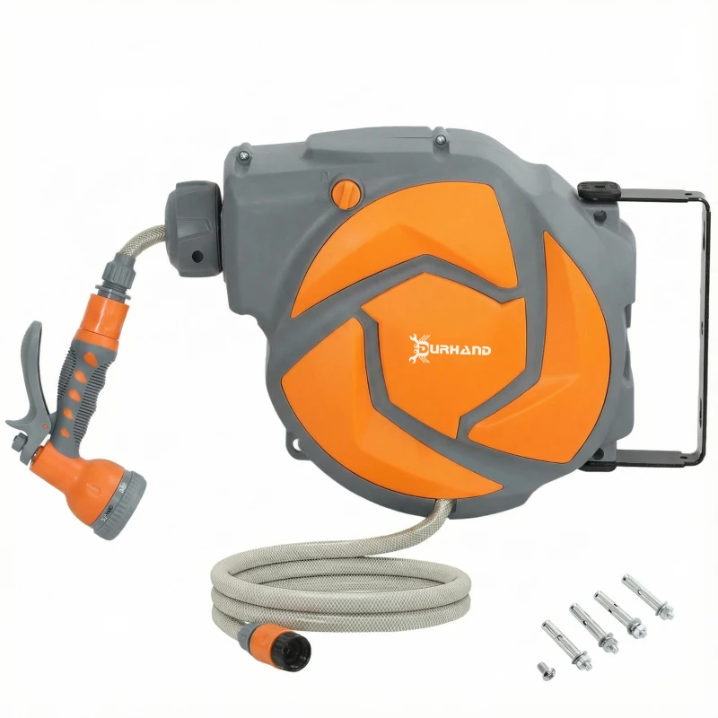 DURHAND 10m Garden Hose Reel Wall Mounted Auto Rewind with 7 Patterns Spray Nozzle, Includes Wall Fixings, Orange