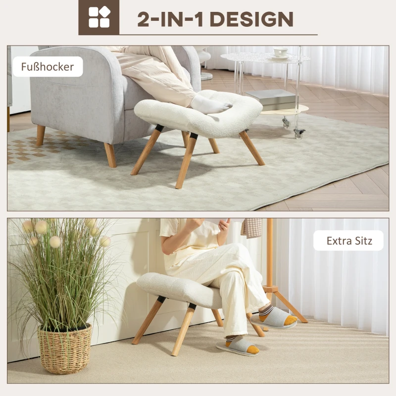 HOMCOM Moderne Voetenbank met Fleecebekleding en Houten Poten, Gestoffeerd, voor Woonkamer, Slaapkamer, Hal, Crèmewit