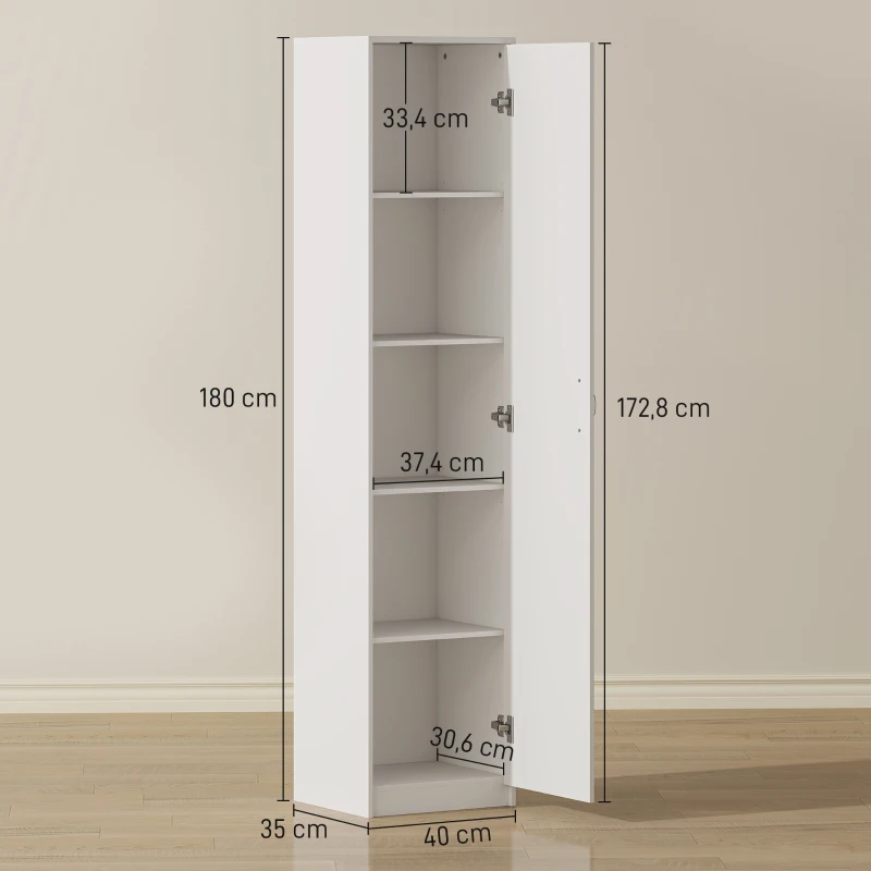 HOMCOM Armadio da Cucina Slim a 5 Ripiani con Spazio Interno Regolabile, in Legno, 40x35x180 cm, Bianco