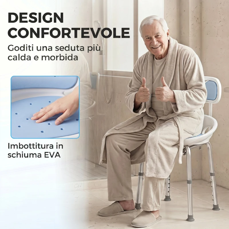 HOMCOM Sedia da Doccia con Schienale e Sedile Forato, 8 Altezza Regolabile, Antiscivolo, Portata 136kg, Azzurro