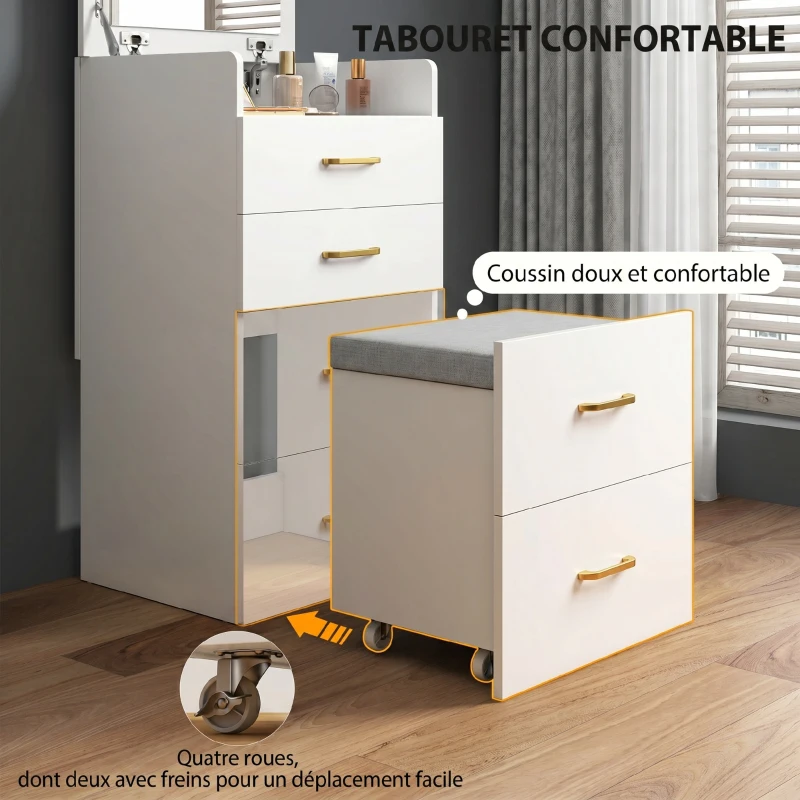 HOMCOM Coiffeuse avec miroir et tabouret 3 en 1, 3 tiroirs et plateau en verre visible, coussin rembourré, 48 x 40 x 90 cm, blanc