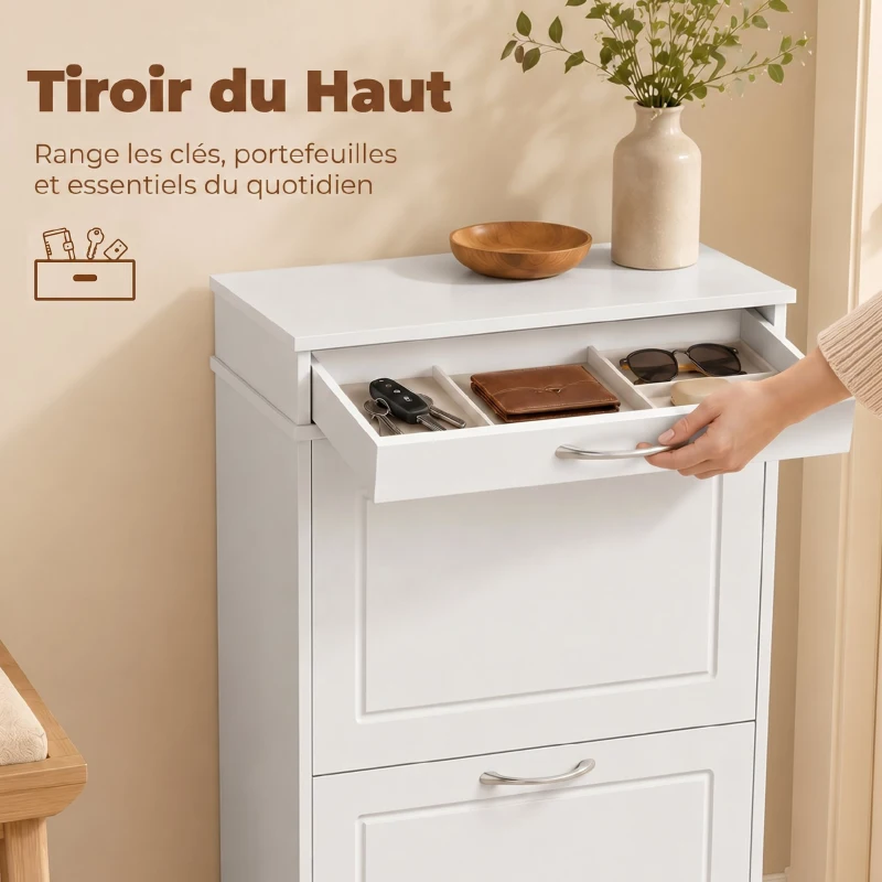 HOMCOM Meuble chaussure 8 paires, armoire à chaussures étroit avec tiroir et 2 portes abattants et étagère réglable, blanc