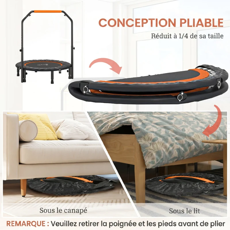HOMCOM Trampoline de fitness gymnastique avec poignée réglable, pliable, 6 pieds, 28 ressorts Ø 102 cm, noir orange