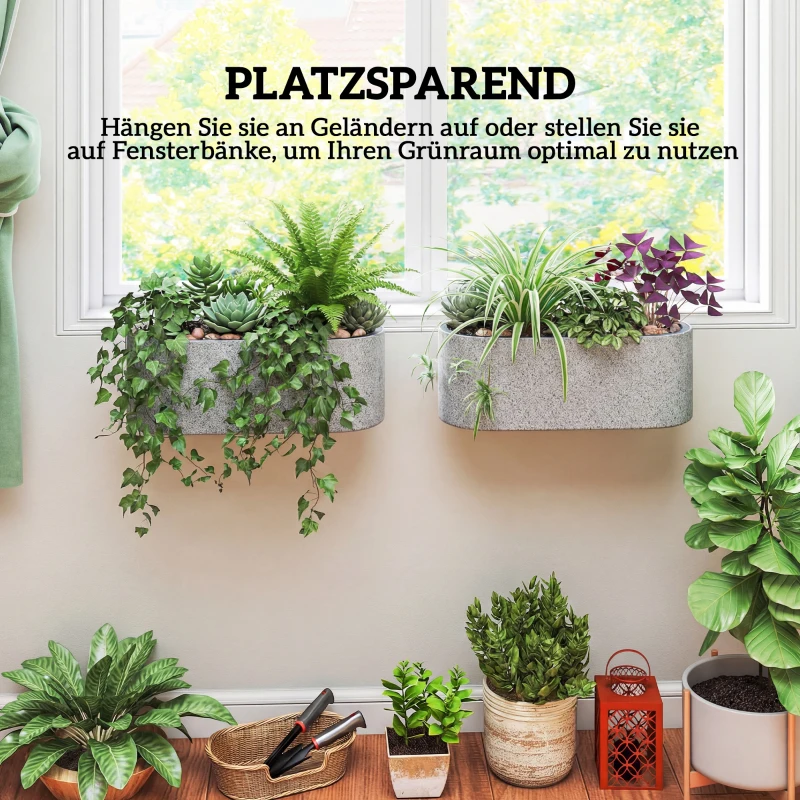 Outsunny 2-delige Set Hangende Bloempot Plantenbak met Afvoersysteem en Haken 42 x 16 x 15 cm Lichtgrijs