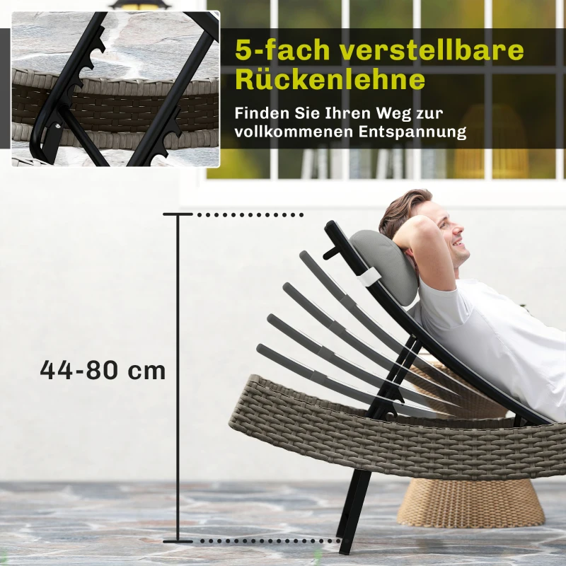 Outsunny Poly Rattan ligstoel S-vormige tuinstoel met 5-voudig verstelbare rugleuning hoofdsteun ademend UV-bestendig