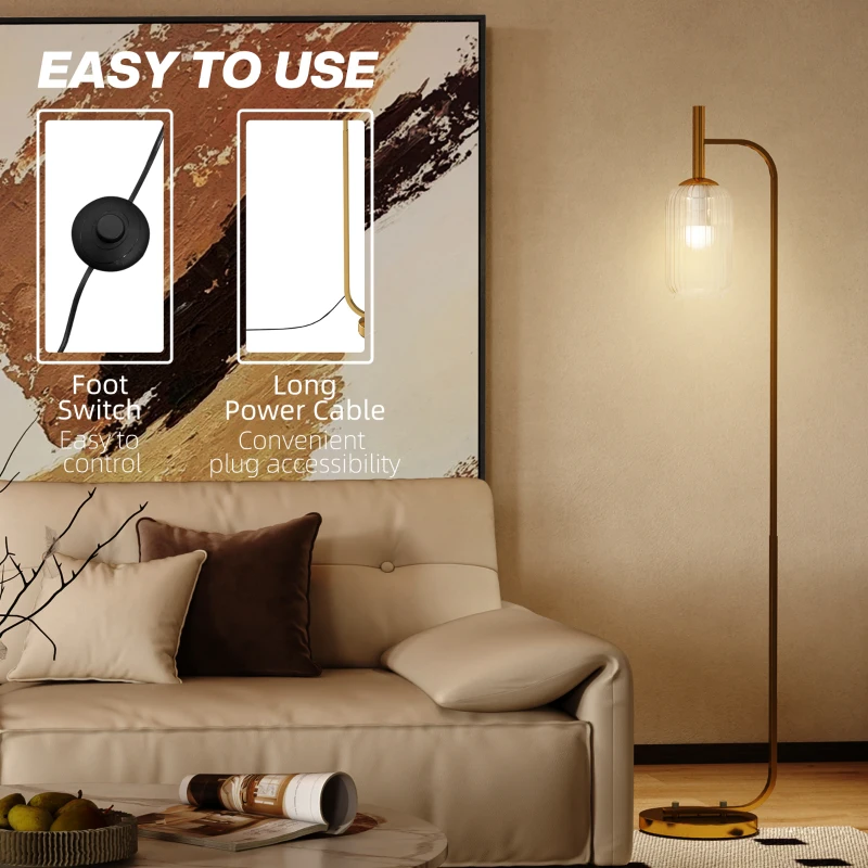 HOMCOM LED Floor Lamp for Living Room with Glass Lampshade, Modern Standing Lamp with Foot Switch, Adjustable Brightness, 2700K for Bedroom, Gold Tone