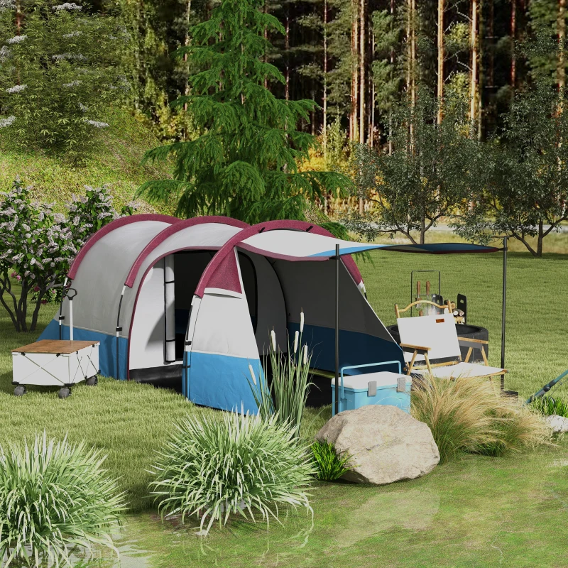 Outsunny 3-Persoons Campingtunnelzelt, Laternhaak, Drie Ingangen, Waterdicht, Rood