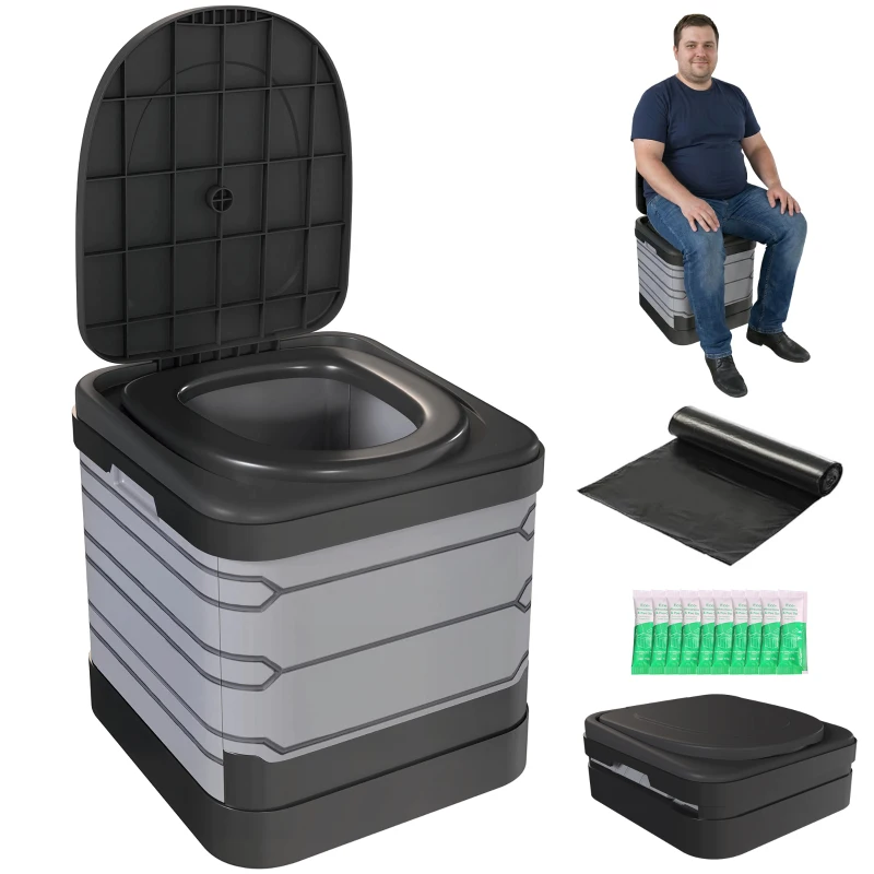 Outsunny Campingtoilet Opvouwbare Reiswc tot 150 kg met 12 stollingsmiddel-pakketjes en 12 afvalzakken 42 x 46 x 43,5 cm Grijs