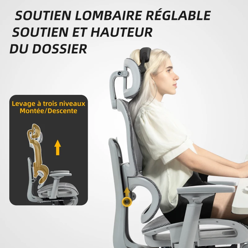 HOMCOM Fauteuil de bureau, chaise de bureau ergonomique en maille avec accoudoirs 3D, dossier inclinable, 66x64x122 cm, gris