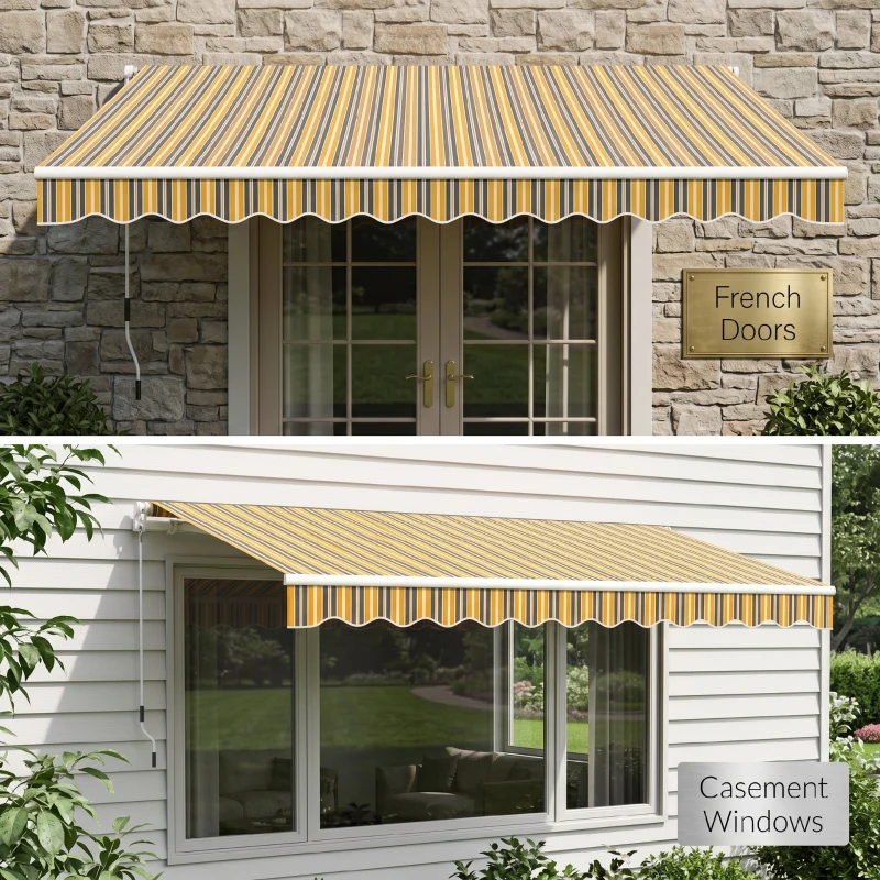 Outsunny Toldo Manual Retrátil 350x250 cm com Manivela de Metal Impermeável e Anti-UV para Jardim Terraço Janelas Cinza e Amarelo