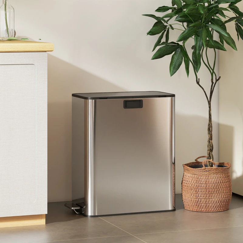 HOMCOM Dubbele keukenafvalbak 2 x 28L roestvrijstalen pedaalemmer met soft-close deksel, uitneembare binnenemmers