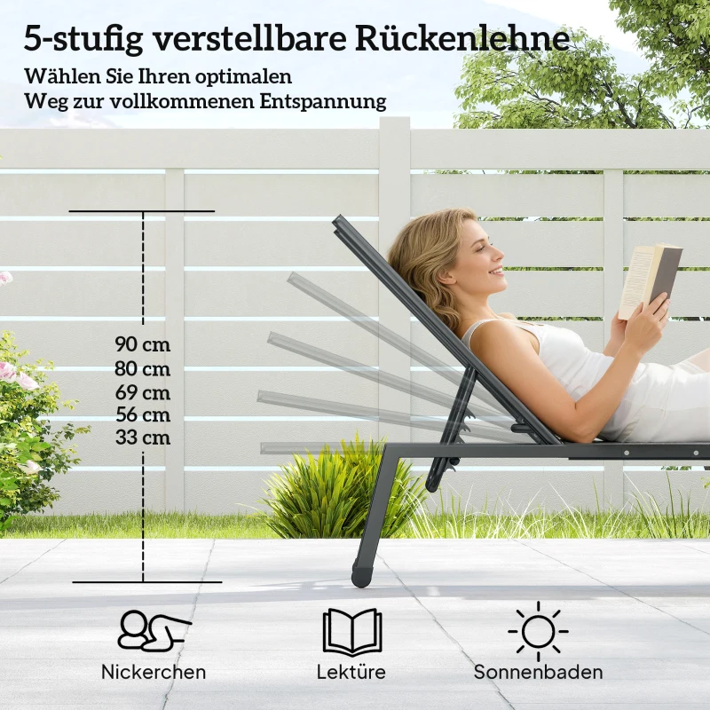 Outsunny 2-delige set tuinligbedden met 5-voudig verstelbare rugleuning, zijtafel, 2 wielen, antislipvoetjes, grijs