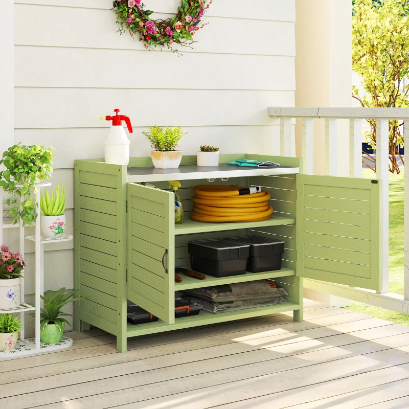 Outsunny Plantentafel met opbergkast van hout, buitenkast met verzinkt werkblad, 3 planken, 88x40x70,5 cm, groen