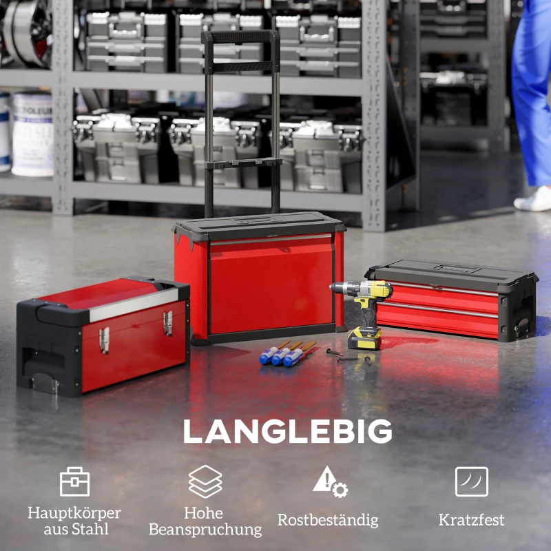 HOMCOM 3-traps Gereedschapskist Set met Wielen, In elkaar Grijpend, Staal, Plastic