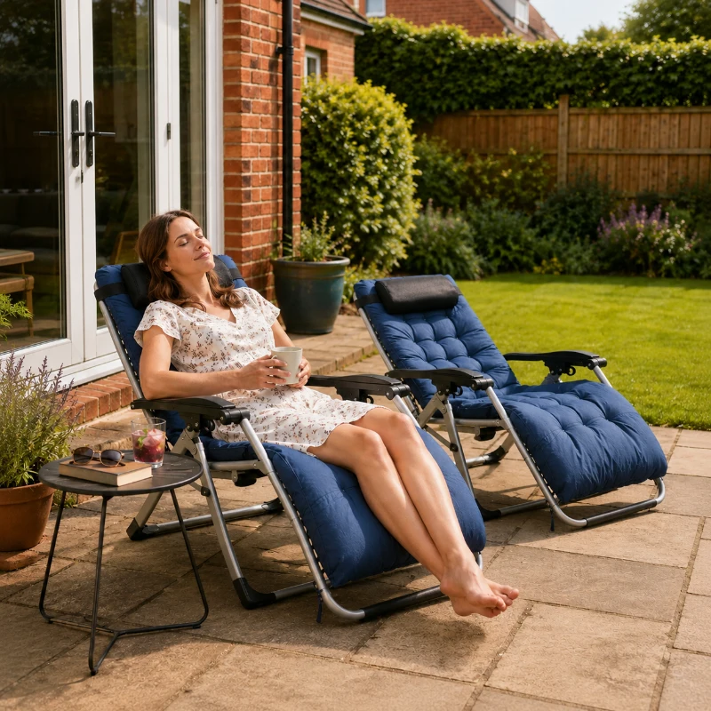 Outsunny 2pc Reclining Zero Gravity Sun Loungers ,Folding Chaise Lounge Chair with Cushions, Blue