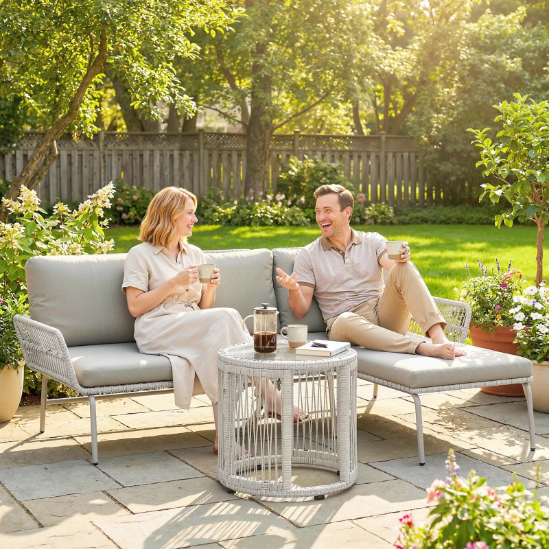 Outsunny Polyrattan tuinmeubelset 3-delig, loungeset met chaise longue tweezitsbank glazen tafel afneembare kussens