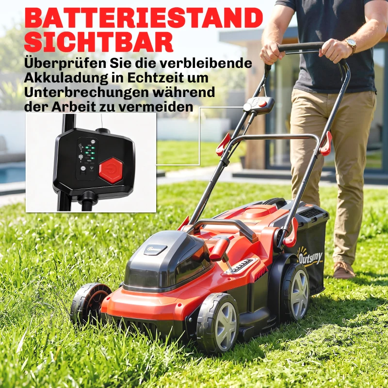 Outsunny Elektrische Grasmaaier 800W met 40 cm Maaibreedte, 45L Opvangbak, Accu-indicator, Overbelastingsbeveiliging, 7 Maaihoogtes
