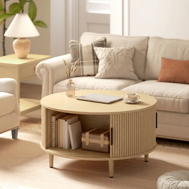 HOMCOM Tavolino Rotondo 80 cm con Piano Ribaltabile e Contenitore Nascosto, Legno Naturale
