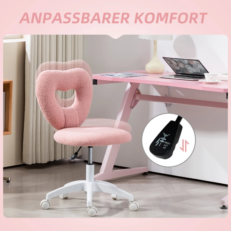HOMCOM Schreibtischstuhl, Bürostuhl, Herzförmige Rückenlehne, gepolstert, Rosa(m-7)