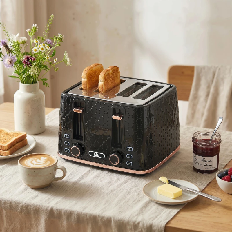 HOMCOM 4-Scheiben-Toaster mit 7 Bräunungsstufen, High-Lift, Aufwärmen/Auftauen/Abbrechen, 1860W, Schwarz mit Wabenstruktur