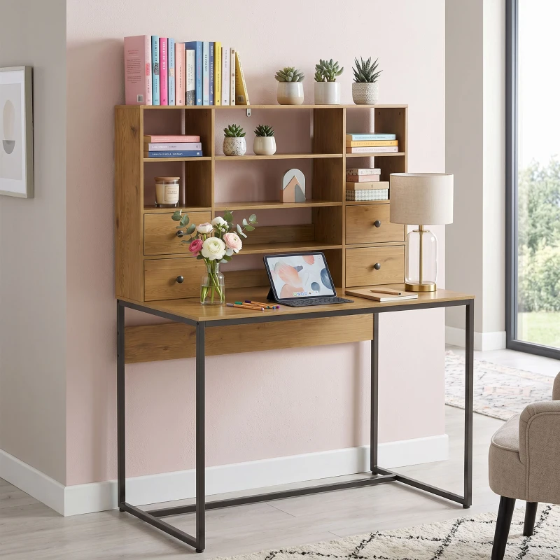 HOMCOM Birou pentru computer cu 4 sertare, 105 x 60 cm, birou cu depozitare, rafturi deschise, 105 x 60 cm, lemn natural