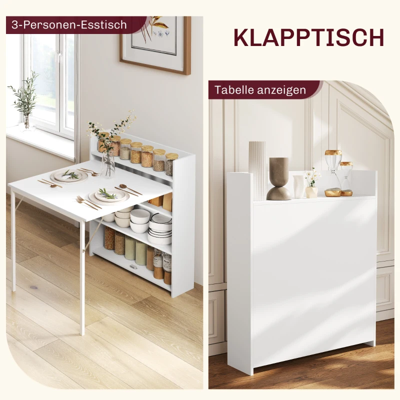 HOMCOM Inklapbare Eettafel, Geschikt voor Kleine Ruimtes, met 4 Discrete Schappen, Opvouwbare Keukentafel, Anti-Kantelfunctie, Wit(m-4)