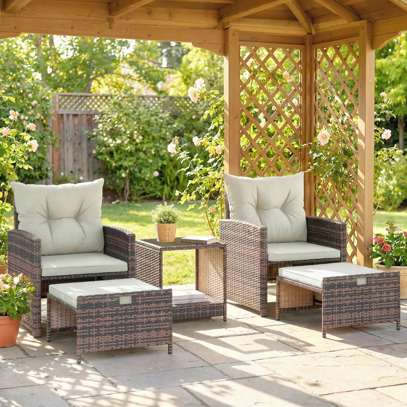 Outsunny Rattan Tuinmeubelset 5-delig Balkonmeubelset met 2 Stoelen, Kussens, Voetenbankjes, Tafel, Opbergruimte Crème