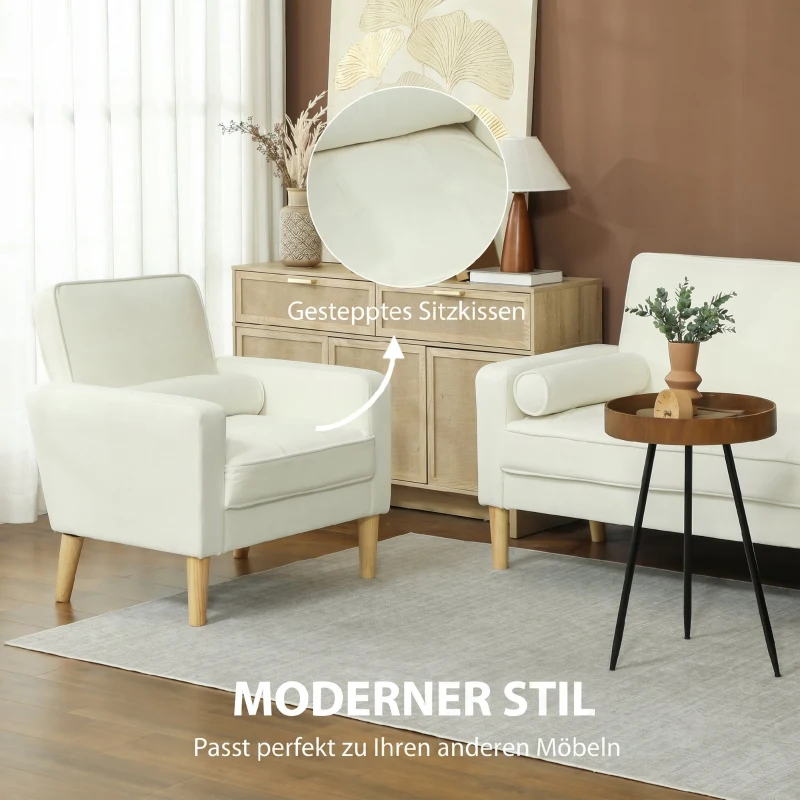 HOMCOM Fauteuil de salon en velours, canapé 1 place rembourré avec assise large, pour chambre, salon, petit espace, crème