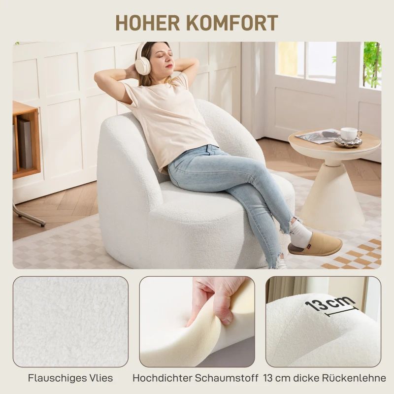 HOMCOM Moderne fauteuil met fleece-look bekleding, knusse stoel voor woonkamer, slaapkamer of thuiskantoor, crèmewit(m-4)