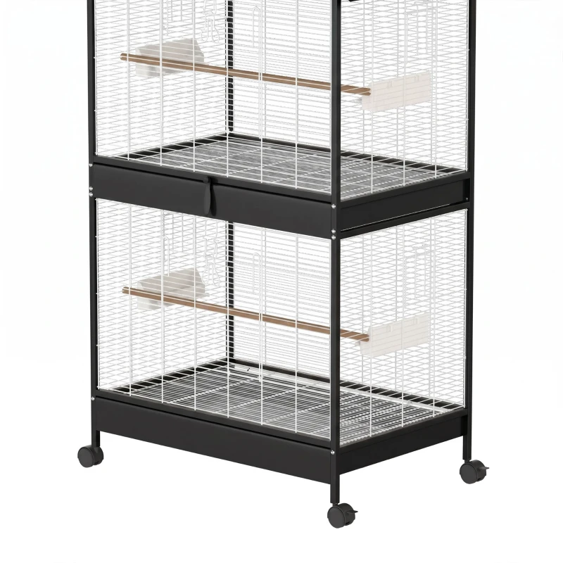 PawHut Grote vogelvolière met uitneembare scheidingswand, 2 deuren, 4 houten zitstokken, wielen, 2 lades en 6 voerbakjes, XXL