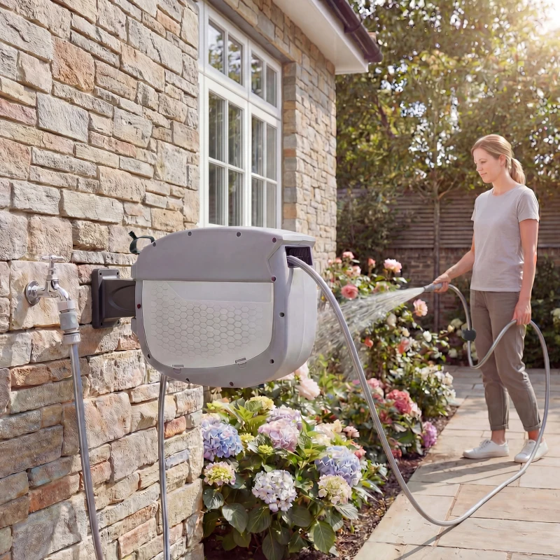 Outsunny Slanghaspel met tuinslang 30 m, 180° draaibare slangbox met automatische oprolling en zelfvergrendeling