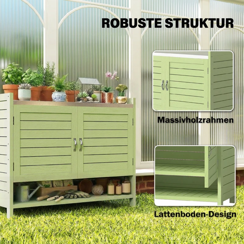 Outsunny Plantentafel met opbergkast van hout, buitenkast met verzinkt werkblad, 3 planken, 88x40x70,5 cm, groen