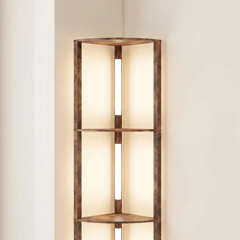 HOMCOM LED vloerlamp met planken, 5-laags dimbaar, moderne vloerlamp met 3 helderheidsstanden en voetschakelaar, rustiek bruin