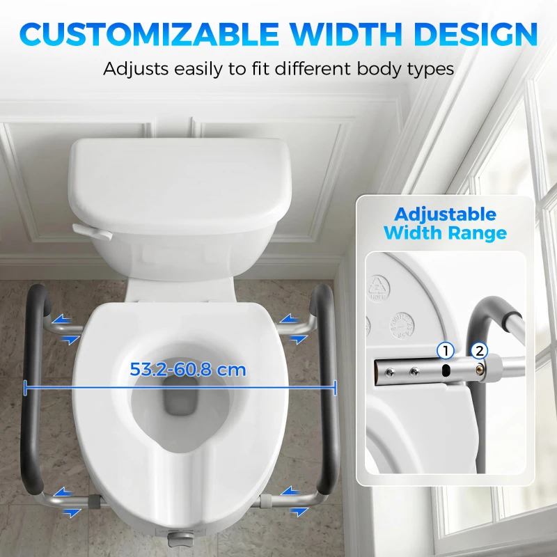 HOMCOM Înălțător WC pentru Vârstnici din HDPE cu Mânere Antialunecare, Lățime Reglabilă, Capacitate 136 kg, Alb