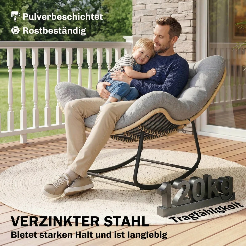 Outsunny Rattan Schommelstoel Tuinligstoel met dikke kussens, Tuinschommel tot 120 kg Binnen Buiten 87 x 110 x 70 cm Grijs
