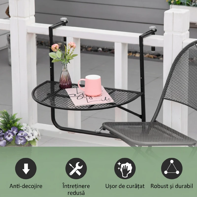 Outsunny masa de agatat pentru balcon, masuta metalica de instalare pe perete, Neagra